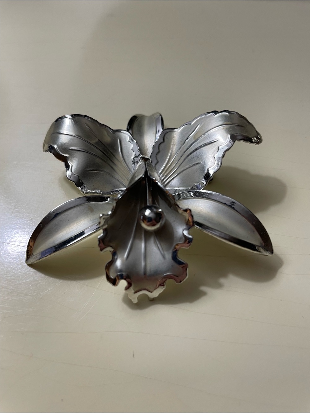 Silver Metal Orchid Brooch - Floral Statement Pin